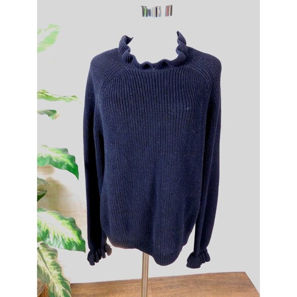 SALE CeCe Black Cotton Ruffle Neck Cuff Sweater Large Classic Preppy - Picture 1 of 10
